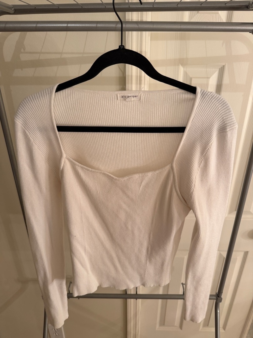 Blu Pepper White Ribbed Square-Neck Long Sleeve Top - Slim Fit